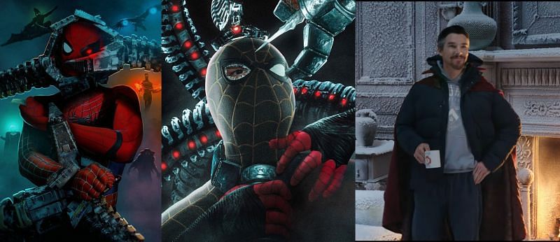 Spider-Man: No Way Home fan art and Doctor Strange in the trailer (Image via Venomhology, BossLogic, and Marvel Studios)
