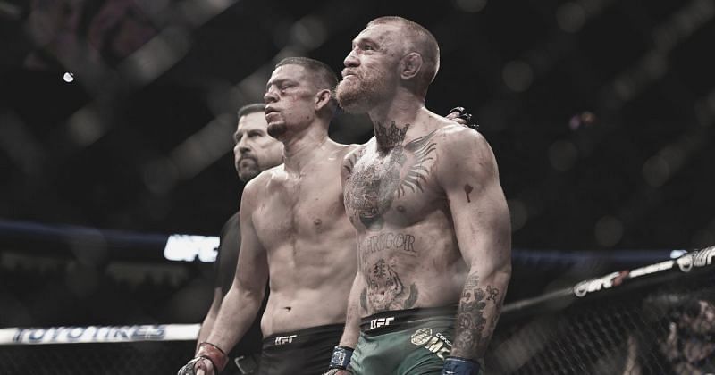 Nate Diaz (left) and Conor McGregor at UFC 202