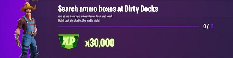 &quot;Search ammo boxes at Dirty Docks&quot; Fortnite week 12 Epic challenge (Image via iFireMonkey)