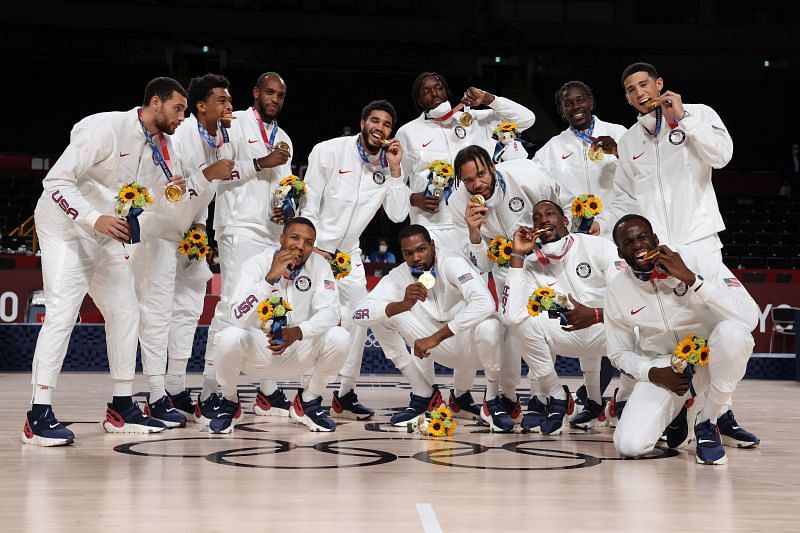 Team USA with their gold at the Tokyo Olympics