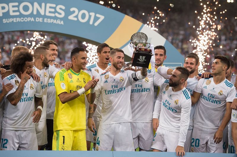 Sergio Ramos and his Real Madrid teammates with the 2017 Supercup trophy