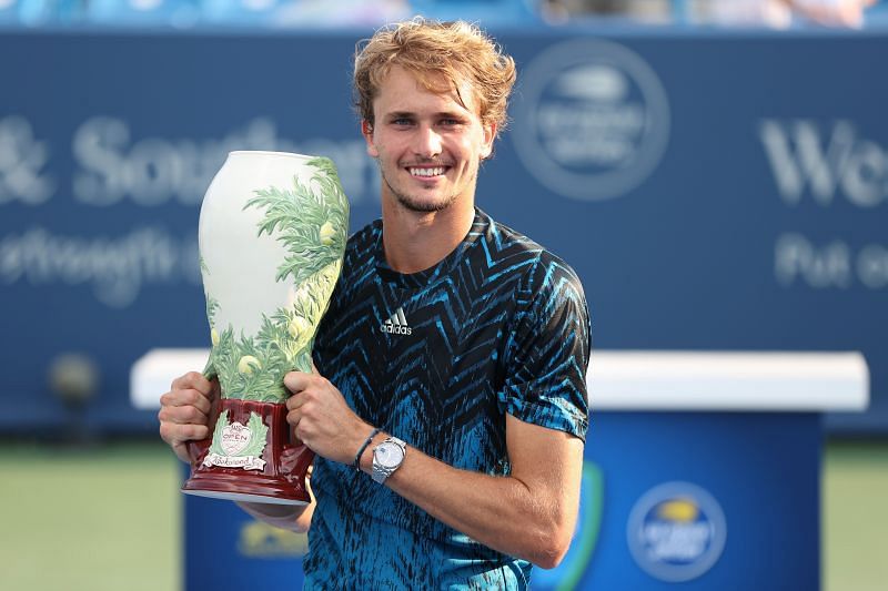 Alexander Zverev holds the winner&#039;s trophy after beating Andrey Rublev in the final of the Western &amp; Southern Open