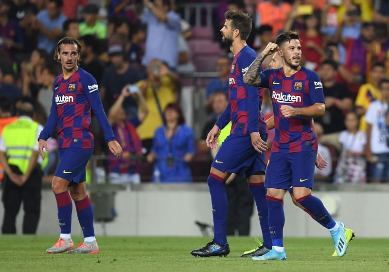 Perez (extreme right) impressed in his 13 appearances for Barcelona