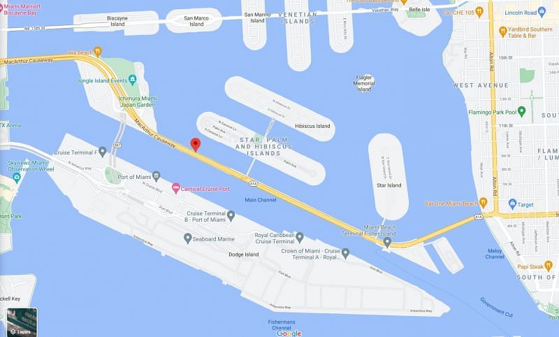 The MacArthur Causeway would be the closest real-life similarity (Image via Google Maps)
