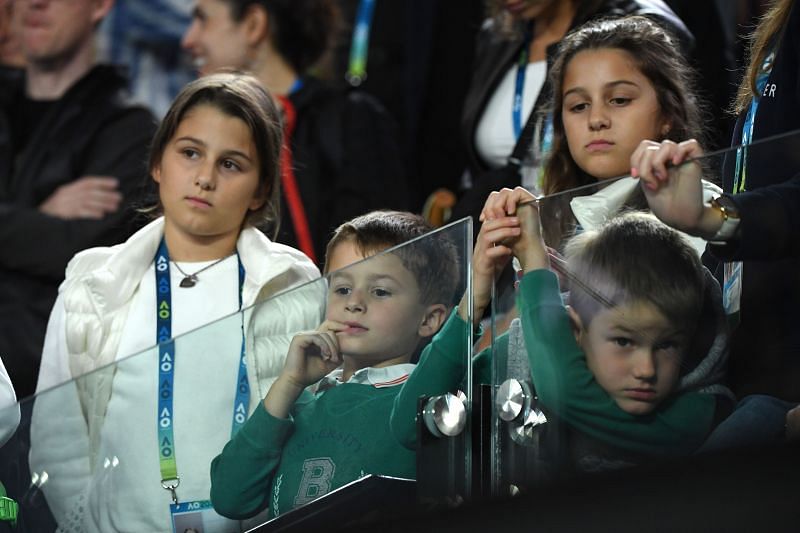 Charlene, Myla, Lenny and Leo watch their father Roger Federer during the 2020 Australian Open