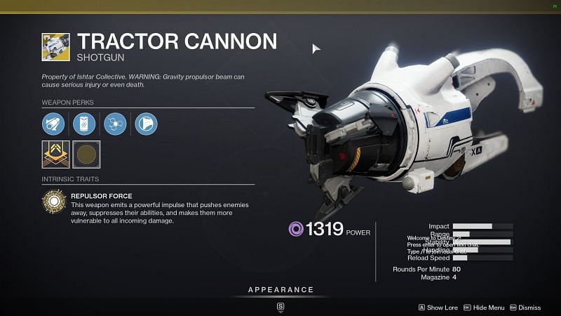 Destiny 2 Exotic powerful void shotgun, Tractor Cannon (Image via Bungie)