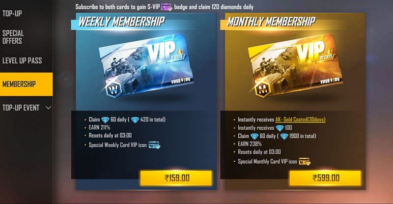 The weekly and monthly memberships cost ₹159 and ₹599, respectively.(Image via Free Fire)