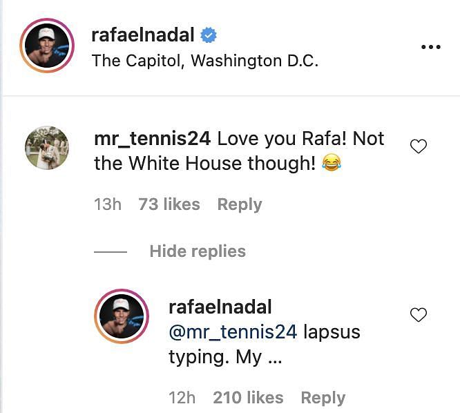 Rafael Nadal replies to a fan on Instagram