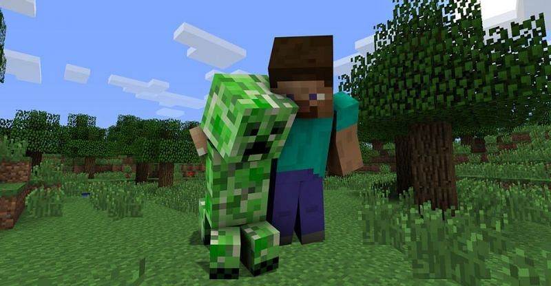Steve comforting the creeper shortly before it explodes (Image via Minecraft)