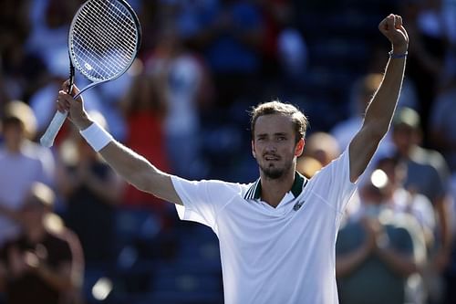 Daniil Medvedev celebrating his victory over Reilly Opelka in Toronto