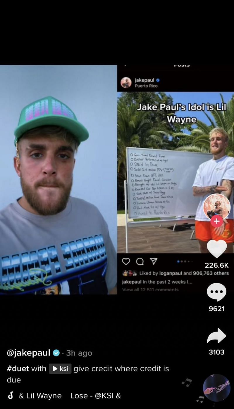 Jake Paul congratulates KSI after being dissed on TikTok (Image via TikTok)