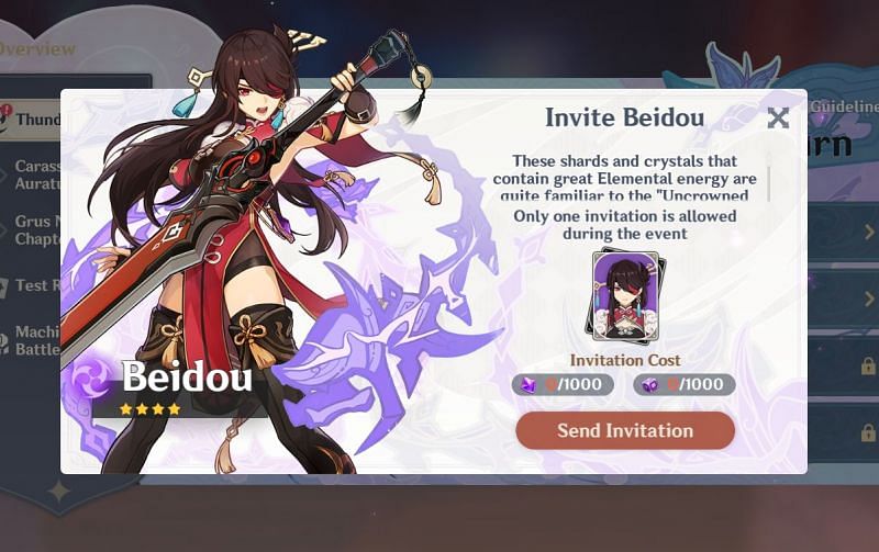 Thunder Sojourn event rewards player with 4-Star character Beidou (Image via Genshin Impact)