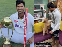 T Natarajan visits Washington Sundar, plays with 'Gabba' the pet dog