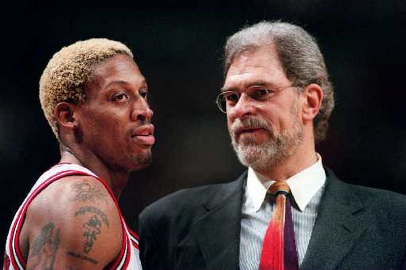 Dennis Rodman talks to Phil Jackson [Photo via Phil Velasquez courtesy Chicago Sun Times]