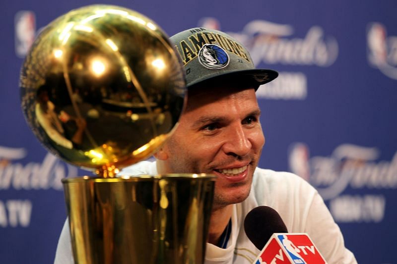 Jason Kidd with the Larry O&#039;Brien trophy