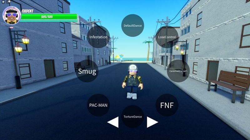 A player accessing the emote wheel in A Universal Time. (Image via Roblox Corporation)