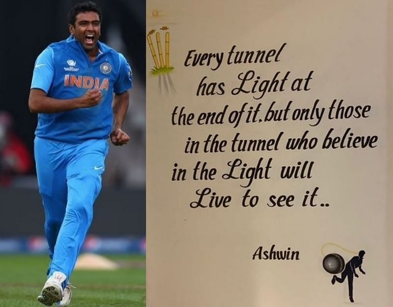 Ravichandran Ashwin and (right) the inspirational message on his wall.