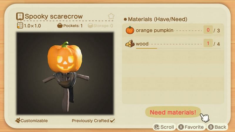 Spooky scarecrow, one of the DIY recipes available during the Halloween season. (Image via Nintendo