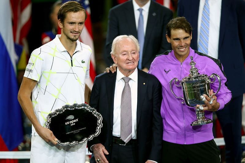 Rafael Nadal and Daniil Medvedev pose with Rod Laver at the 2019 US Open