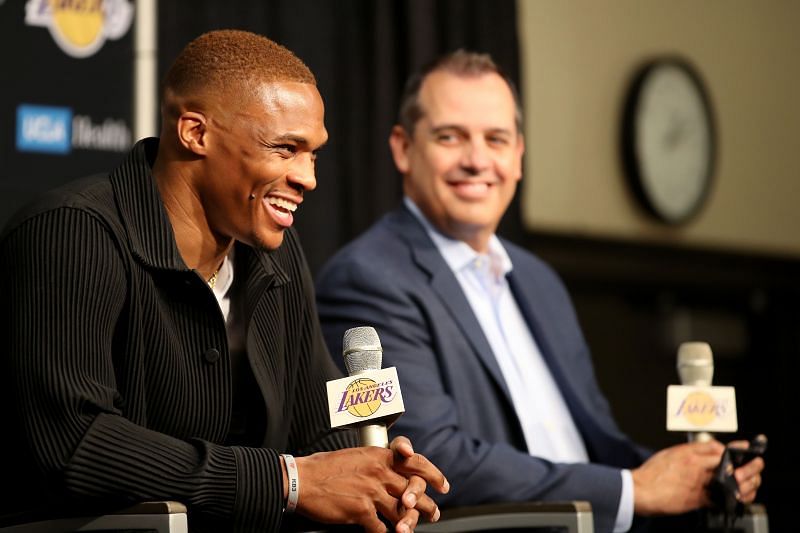 Los Angeles Lakers introduce Russell Westbrook (left).