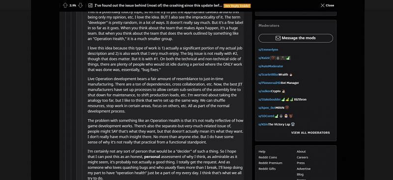 Developer&#039;s response to Operation Health as fix for Apex Legends server issues (Image via Reddit thread r/apexlegends)