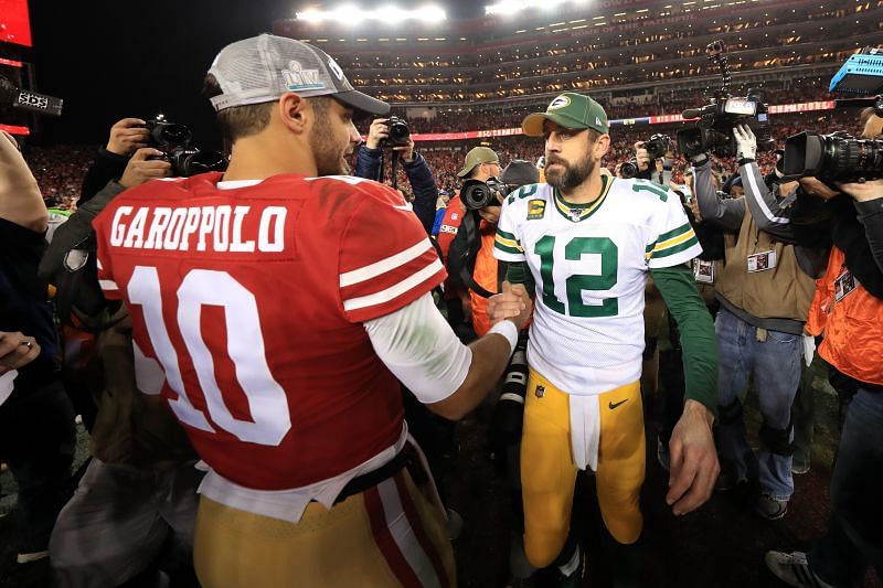 Jimmy Garoppolo and Aaron Rodgers shaking hands