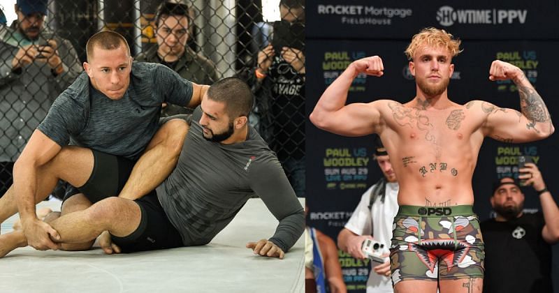 Firas Zahabi training with Georges St-Pierre in Quebec (left) and Jake Paul at the weigh-in ahead of the Tyron Woodley bout (right)