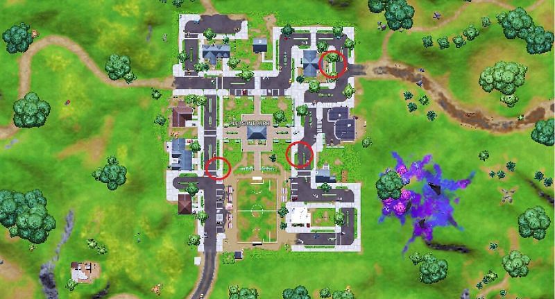 Overview of locations to place warning signs in Pleasant Park (Image via TheGrouchPotato/YouTube)