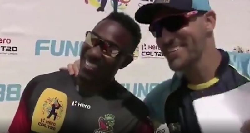 Faf du Plessis and Dwayne Bravo singing the CSK song during CPL. Pic: CPL