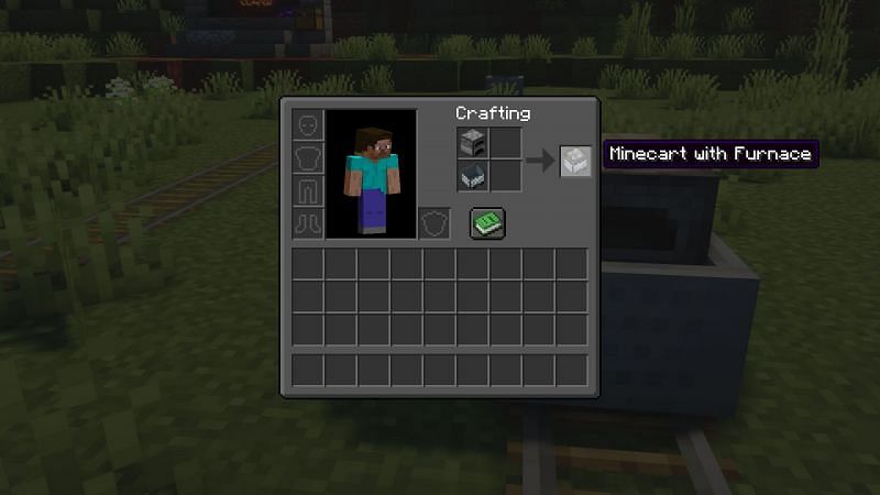 Crafting recipe of a minecart with furnace (Image via Minecraft)