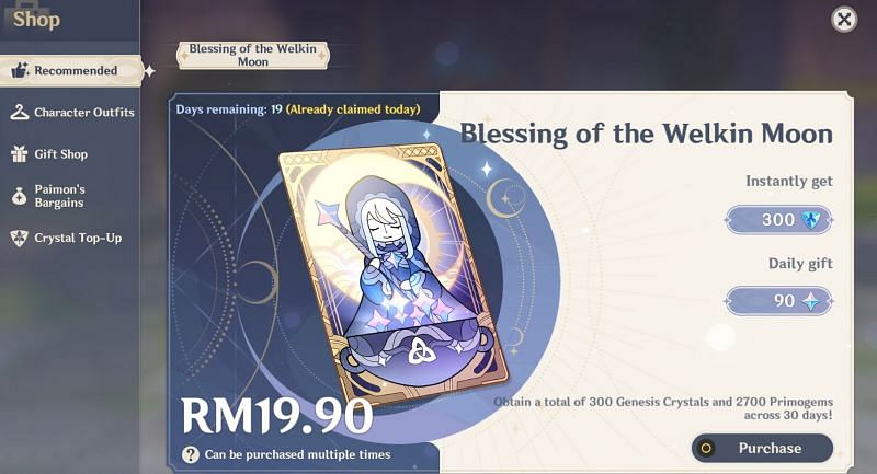 Blessing of the Welkin Moon gives 90 Primogems daily (Image via Genshin Impact)