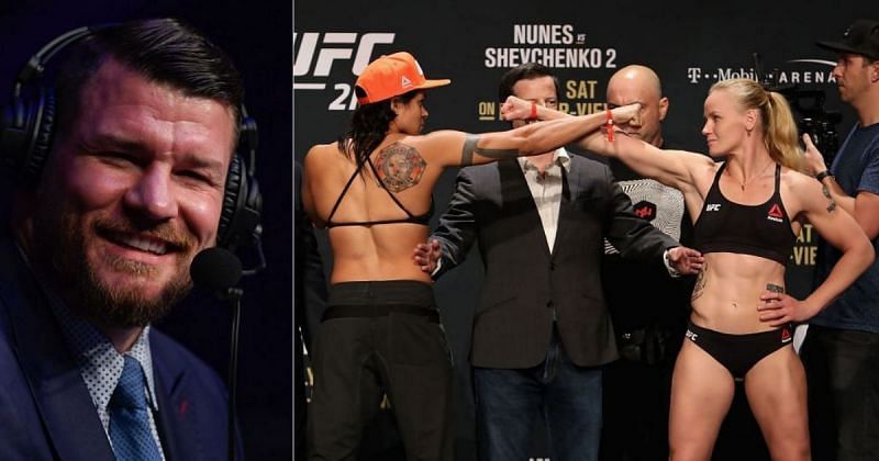 Michael Bisping (left) and Amanda Nunes &amp; Valentina Shevchenko (right)