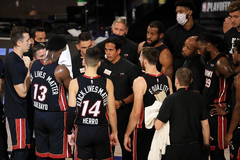 Miami Heat huddles up during an NBA playoff game.