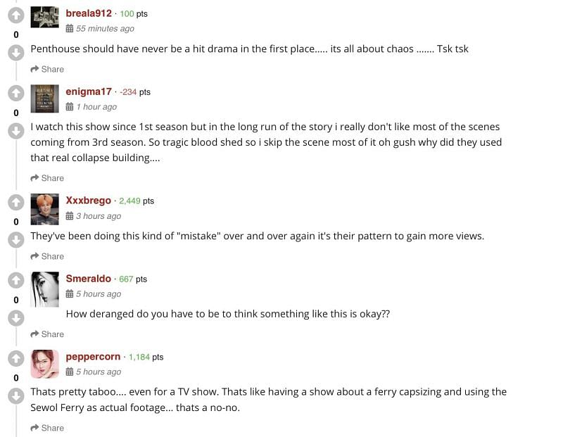 A screenshot of reactions from viewers about Penthouse 3: War in Life episode 13 (Image via allkpop)