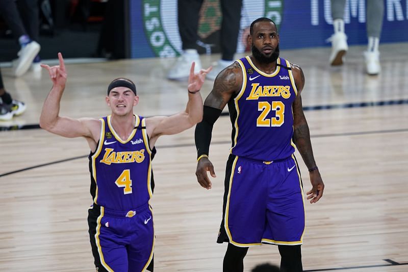 Alex Caruso and LeBron James during an NBA game.