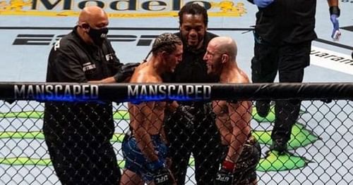 Brian Ortega (left), Herb Dean (center) & Alexander Volkanovski (right) [Image Credits- @herbdeanmma on Instagram]