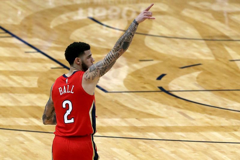 Lonzo Ball #2 of the New Orleans Pelicans reacts after scoring a three pointer against the Memphis Grizzlies during the first quarter of an NBA game at Smoothie King Center on February 06, 2021 in New Orleans, Louisiana.