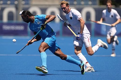 Indian men's hockey team midfielder Hardik Singh in action against Germany at the Tokyo Olympics.