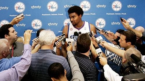 Andrew Bynum's intro to Philadelphia AP PHOTO:TOM MIHALEK