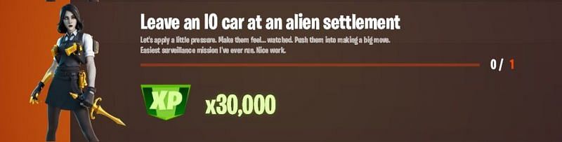 &quot;Leave an IO car at an alien settlement&quot; Fortnite week 13 Legendary challenge (Image via Lazyleaks_)