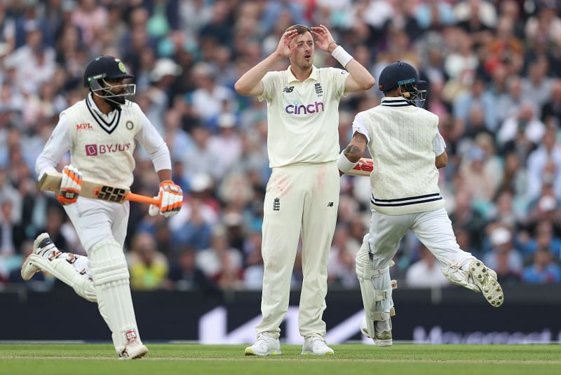 Ollie Robinson of England reacts as India score runs during Day 3 of The Oval Test. Pic: Getty Images