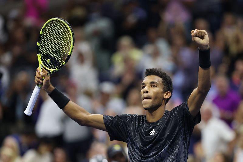 Felix Auger-Aliassime celebrates his fourth-round win at the 2021 US Open