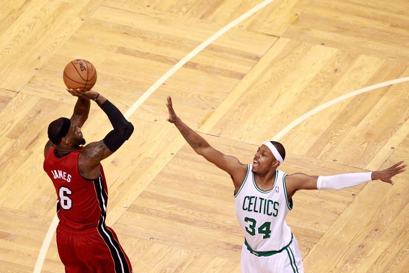 LeBron James #6 defended by Paul Pierce #34