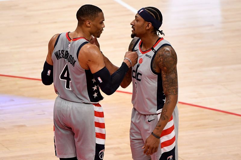 Russell Westbrook #4 and Bradley Beal #3 of the Washington Wizards