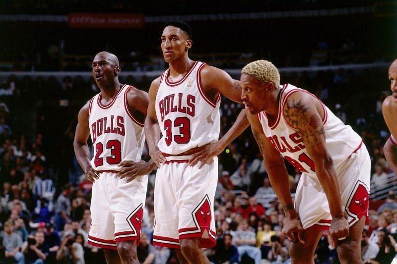 The 1996-97 Chicago Bulls&#039; superstar trio. Photo credits: history.bulls.com