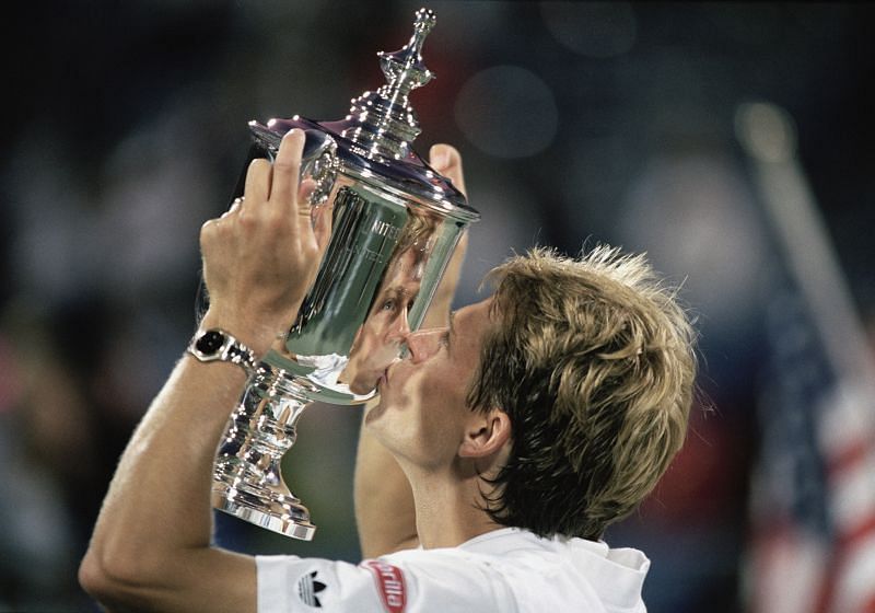 Stefan Edberg poses with the 1992 US Open trophy