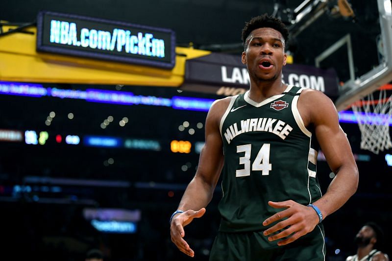 Giannis Antetokounmpo #34 of the Milwaukee Bucks reacts after his blocked shot of Anthony Davis #3 of the Los Angeles Lakers at Staples Center on March 06, 2020 in Los Angeles, California.