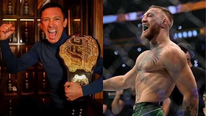 Former champion jockey Frankie Dettori poses with the UFC belt at Conor McGregor's Dublin pub, The Black Forge Inn