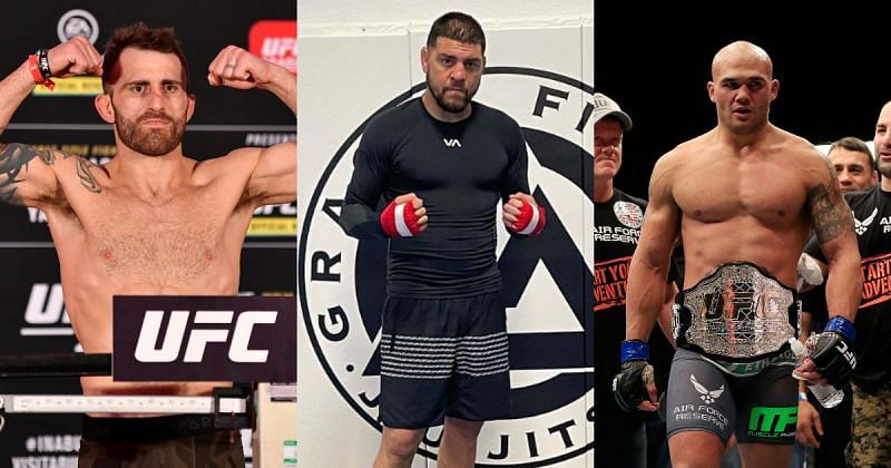 Alexander Volkanovski (left) predicts the outcome of the Nick Diaz (center; Photo Credit: @nickdiaz209 on Instagram) vs Robbie Lawler (right) 2 fight this month