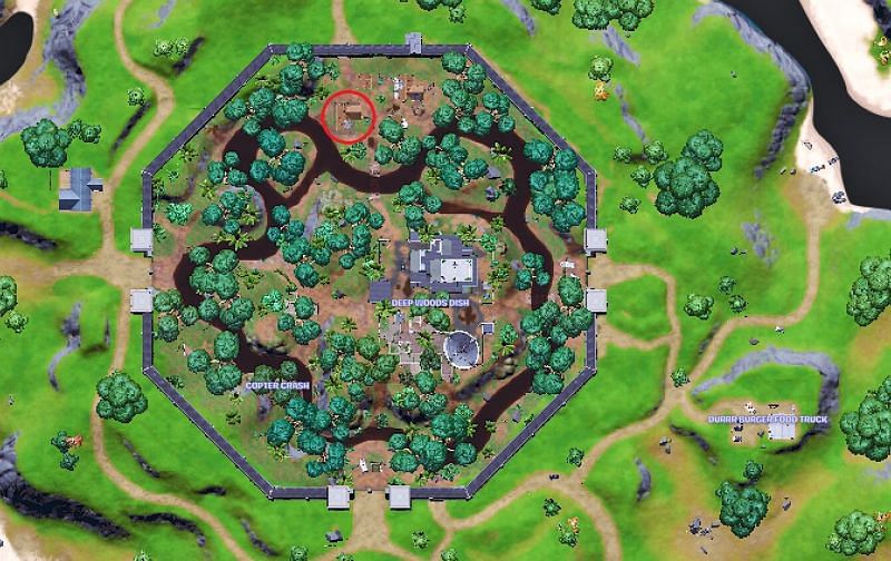 Location of stolen intel at Deep Woods Dish (Image via Fortnite.GG)